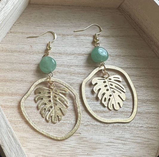 Green Aventurine Abstract Monstera Hoop Earrings