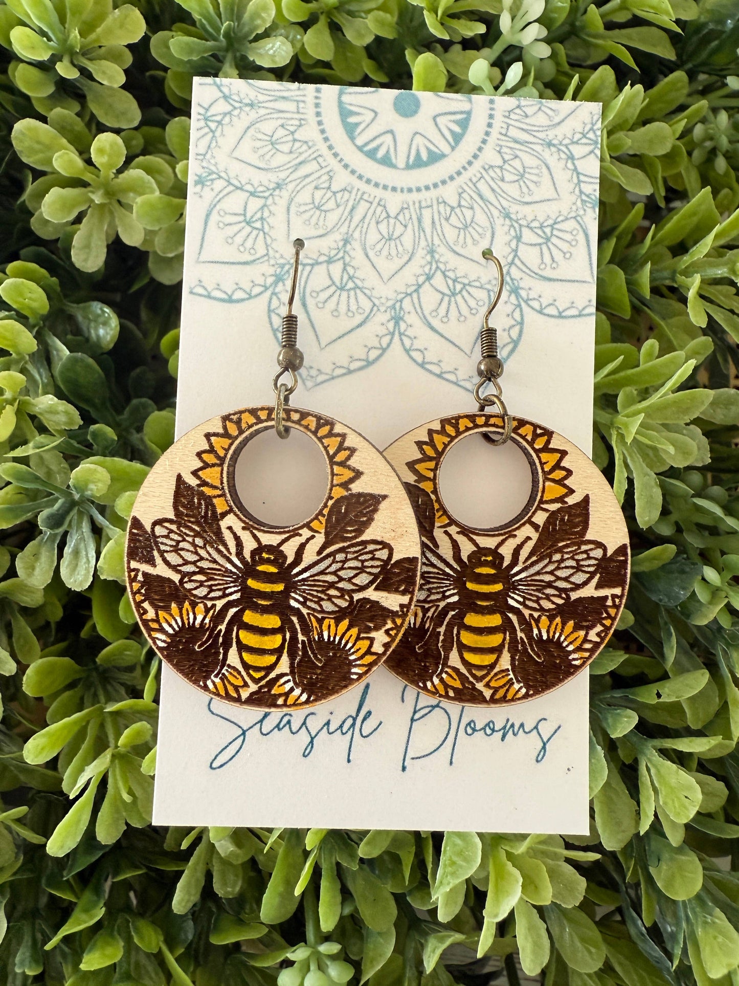 Boho Hand painted lightweight maple wood  bee  earrings  