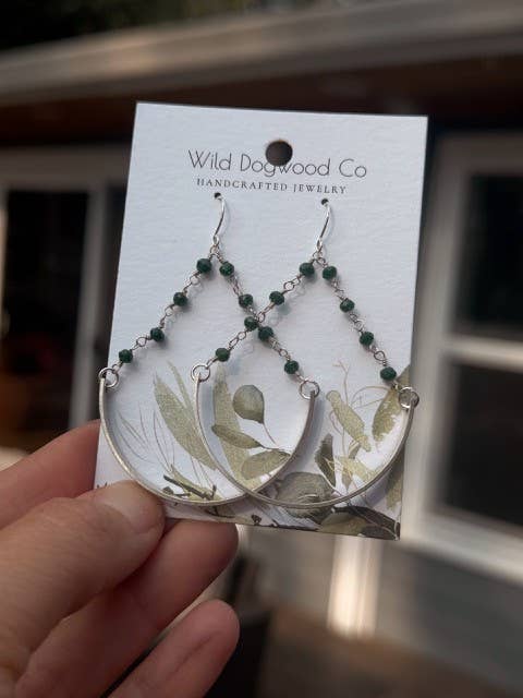 Silver U shape earrings with dark green beaded chain