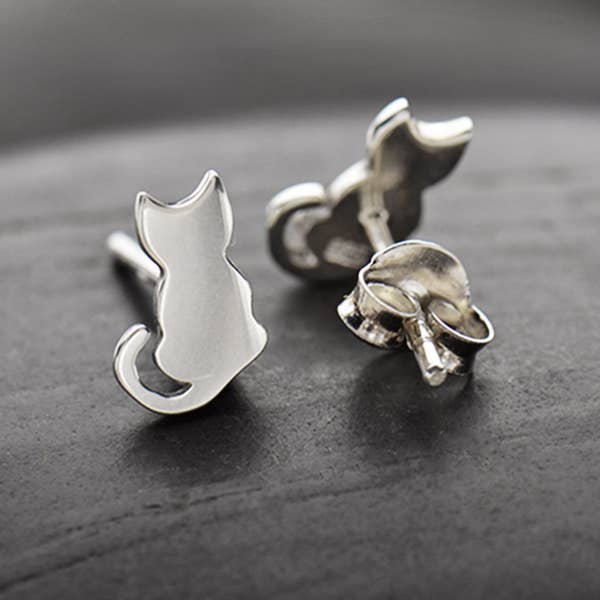 Sterling Silver or Bronze Tiny Cat Stud Earrings 9x6mm