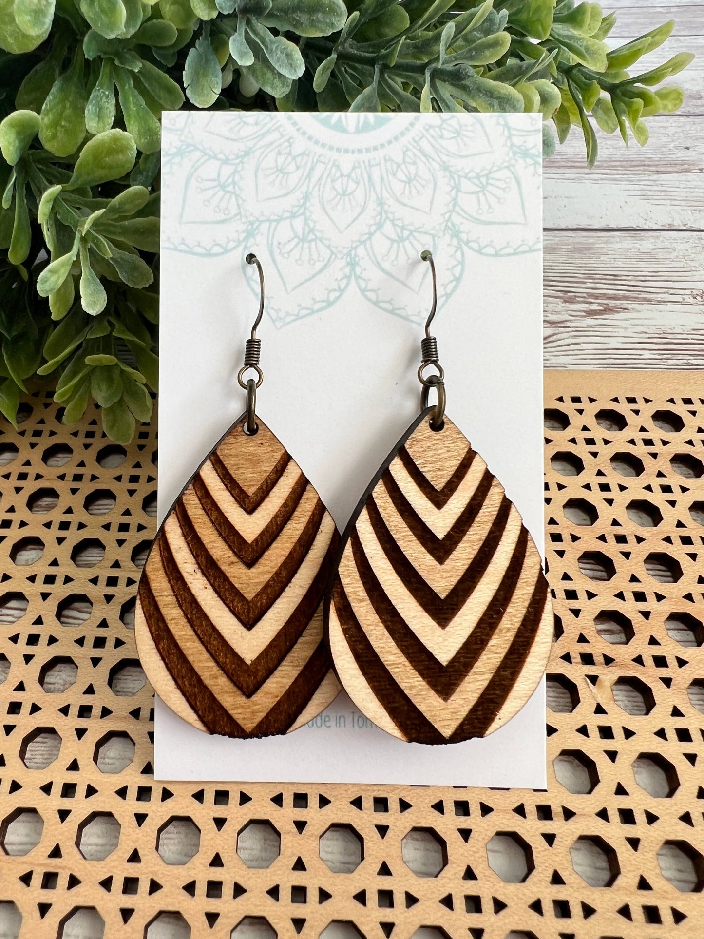 Boho hand painted lightweight flower maple wood earrings 