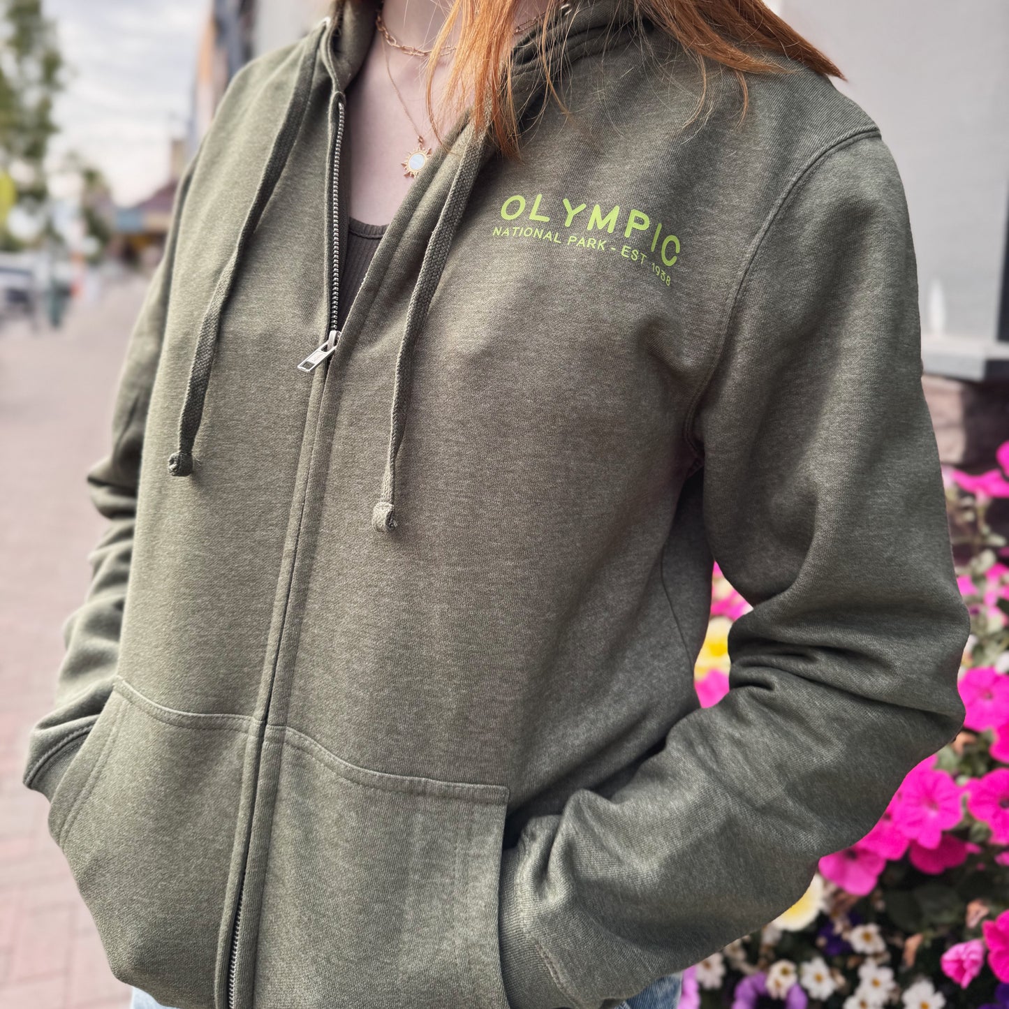 Olympic National Park Zip Up Hoodie in Olive