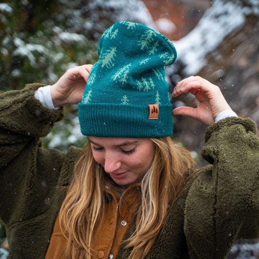 Pine Tree Fold Over Beanie - Teal or Honey Brown