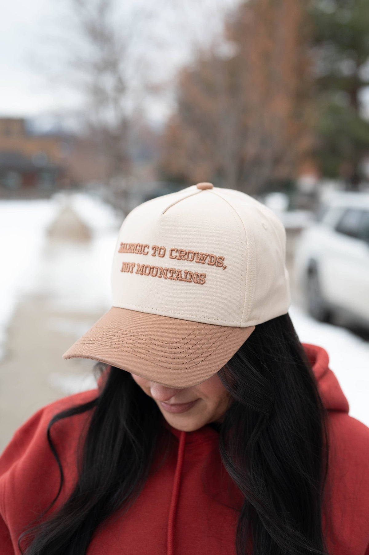 Allergic to Crowds, Not Mountains Embroidered Trucker Hat