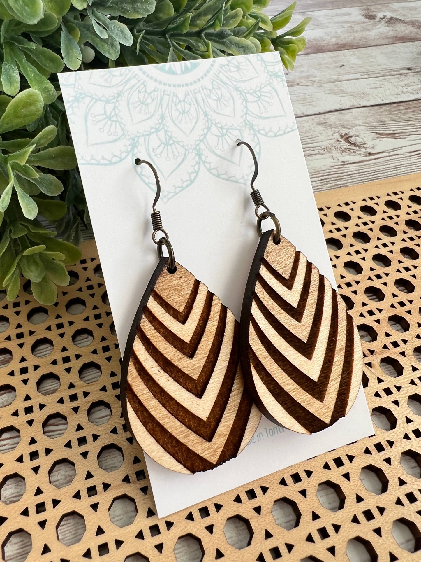 Boho hand painted lightweight flower maple wood earrings 