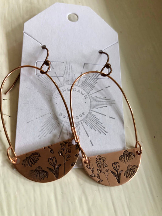 Stamped copper wildflower and hoop earrings