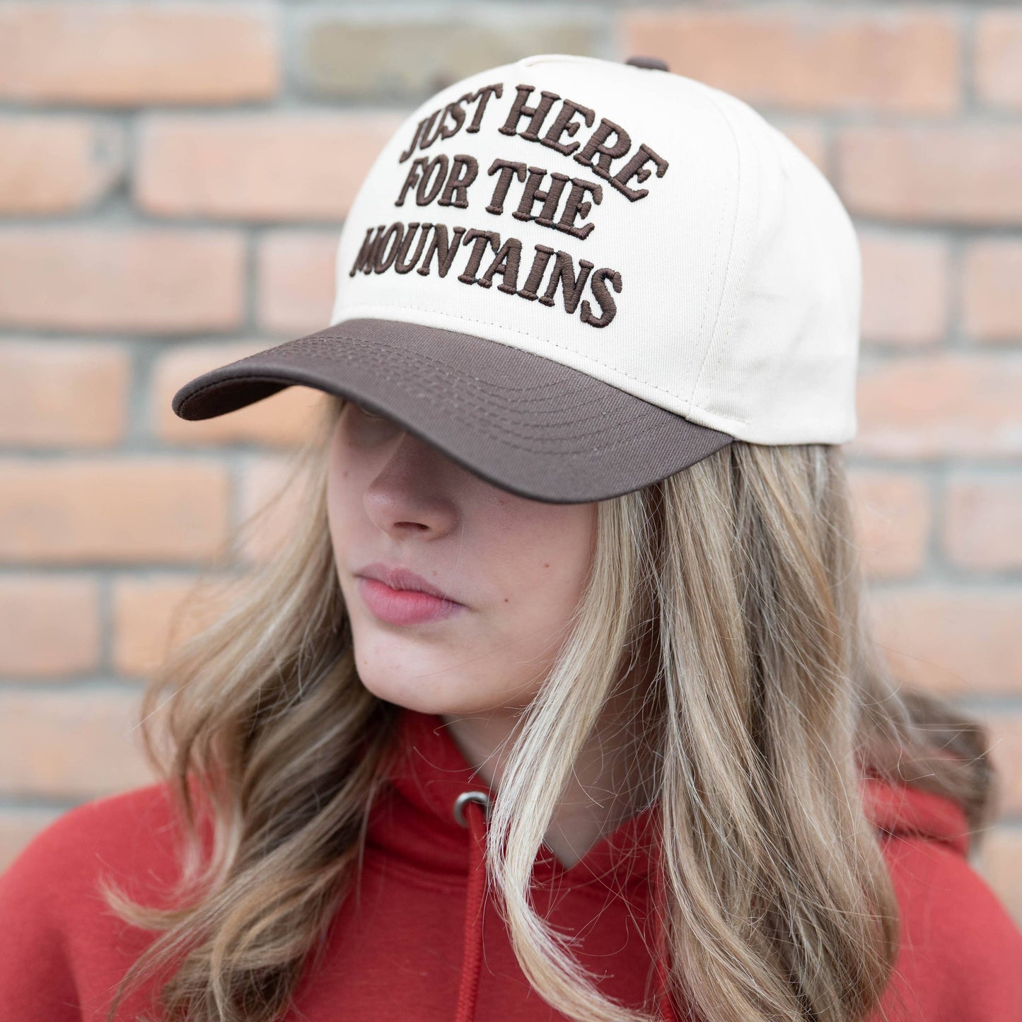 Just Here for the Mountains Embroidered Trucker Hat