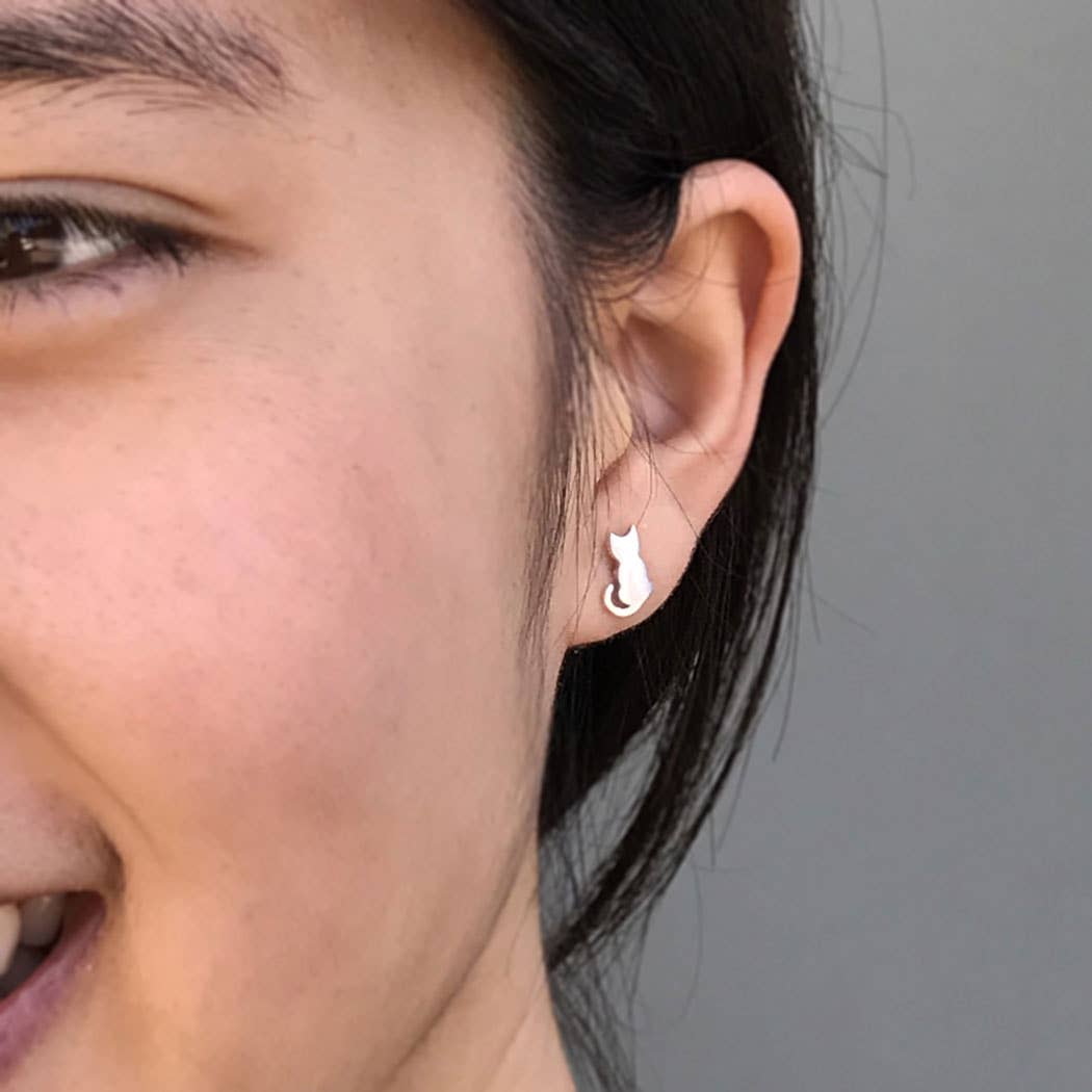 Sterling Silver or Bronze Tiny Cat Stud Earrings 9x6mm