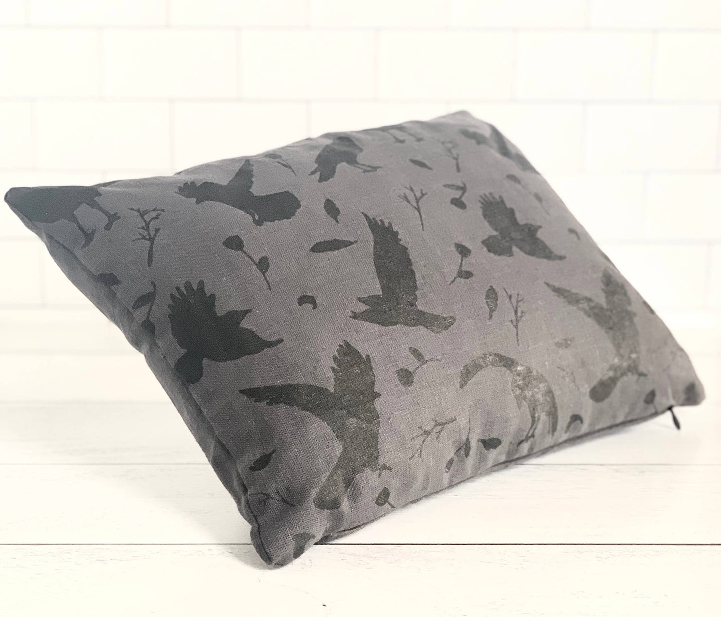 Crows and Flowers Linen Accent Pillow