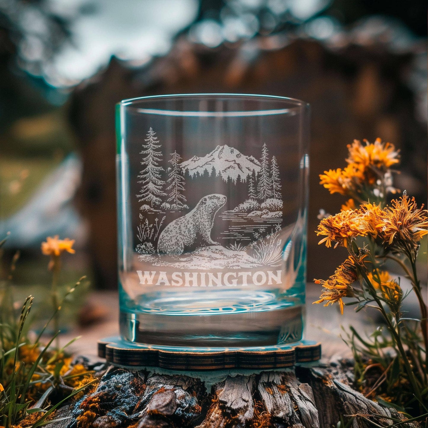 Washington State Olympic Marmot Engraved Glass