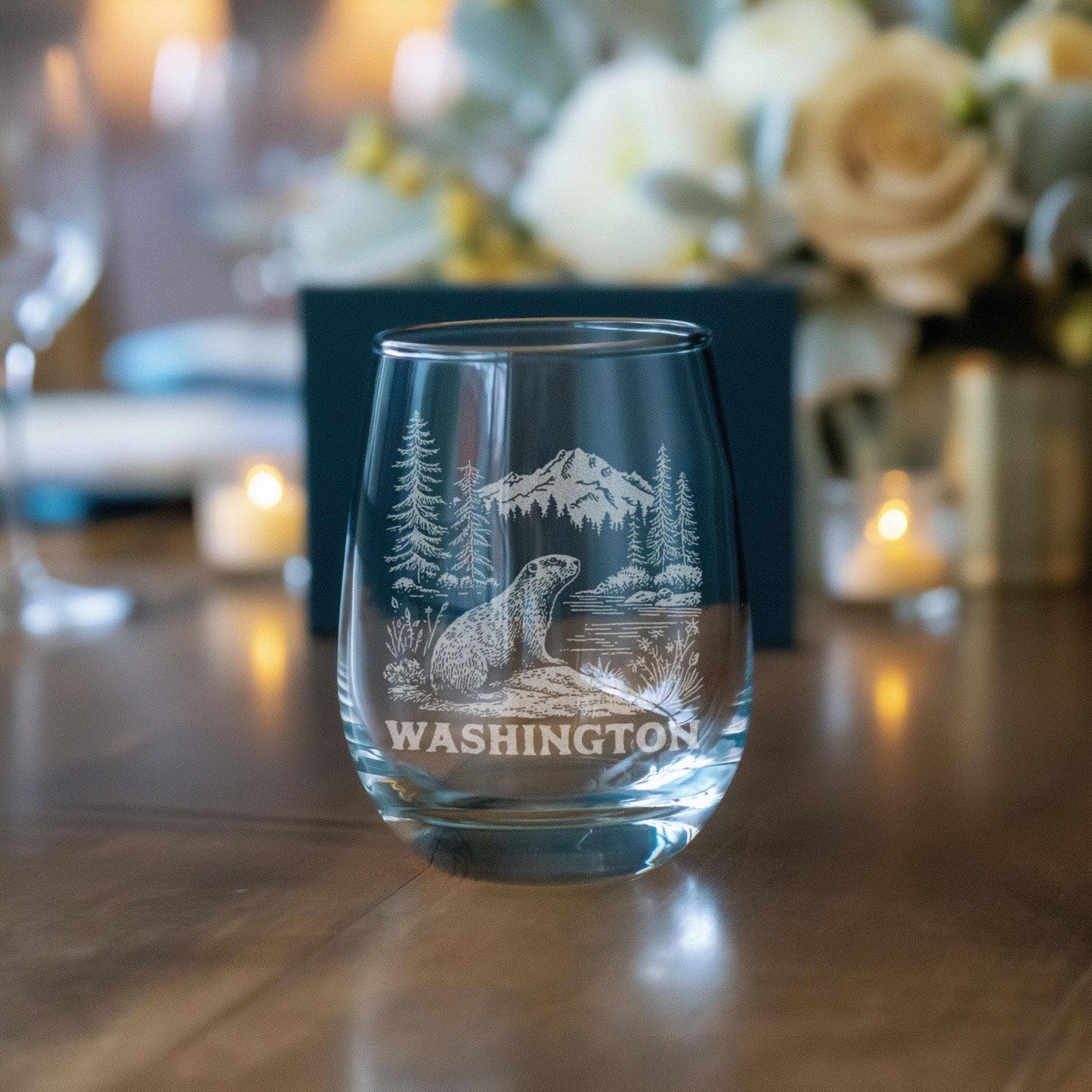 Washington State Olympic Marmot Engraved Glass