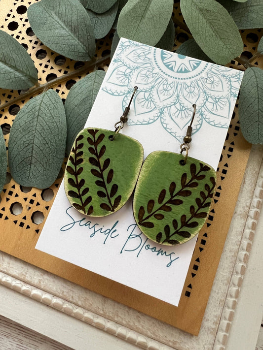 Green Leaf Wood Earrings