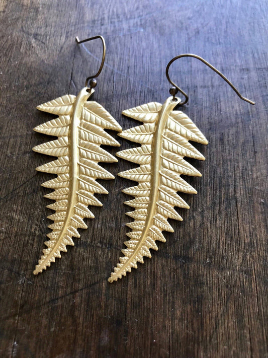 Large brass fern earrings