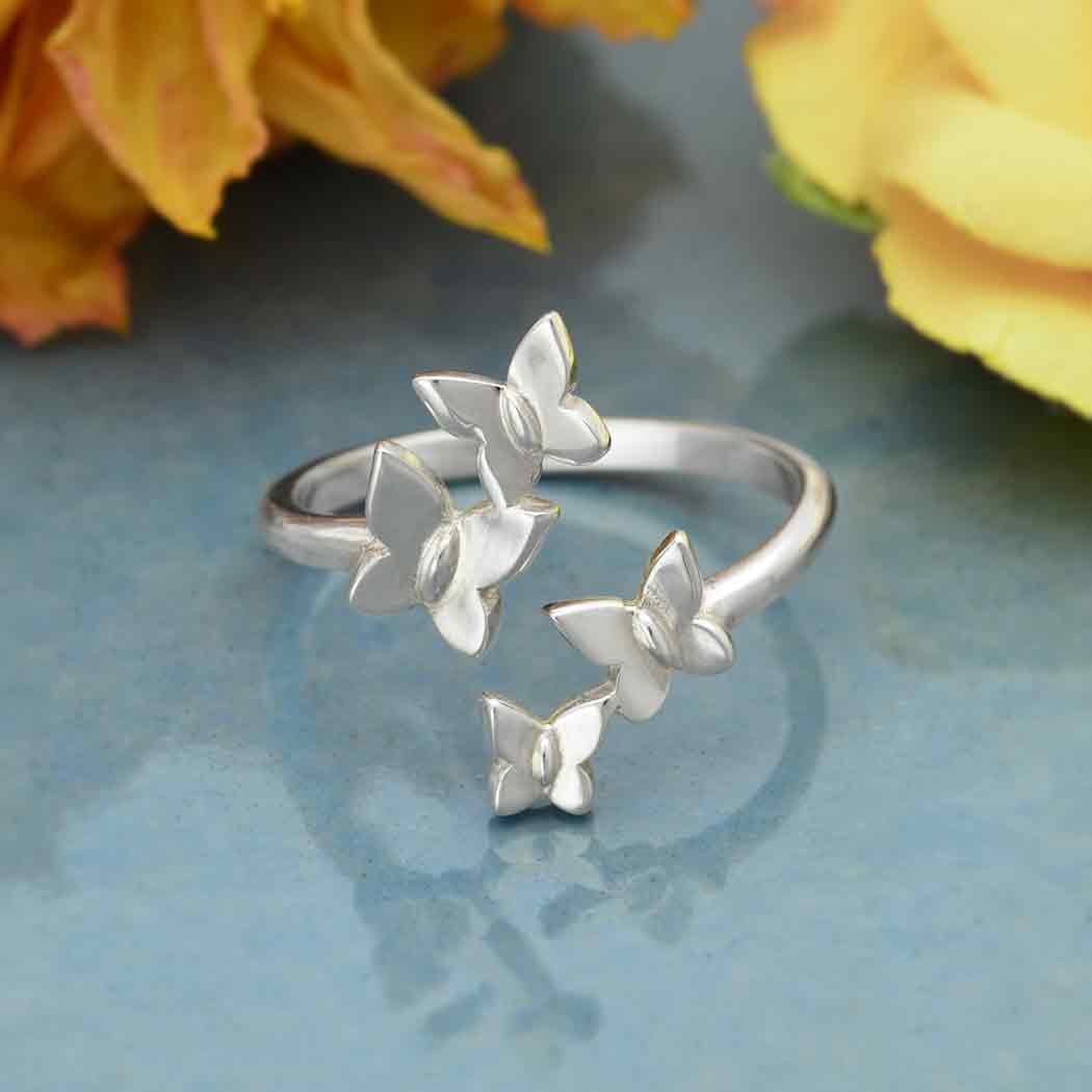 Sterling Silver or Bronze Adjustable Butterfly Cluster Ring