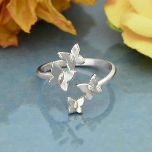 Sterling Silver or Bronze Adjustable Butterfly Cluster Ring