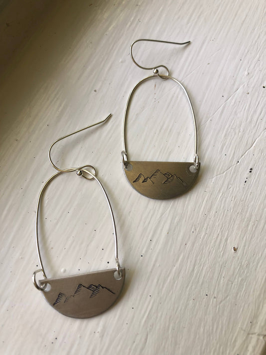 Hand stamped mountain SILVER and hoop earrings