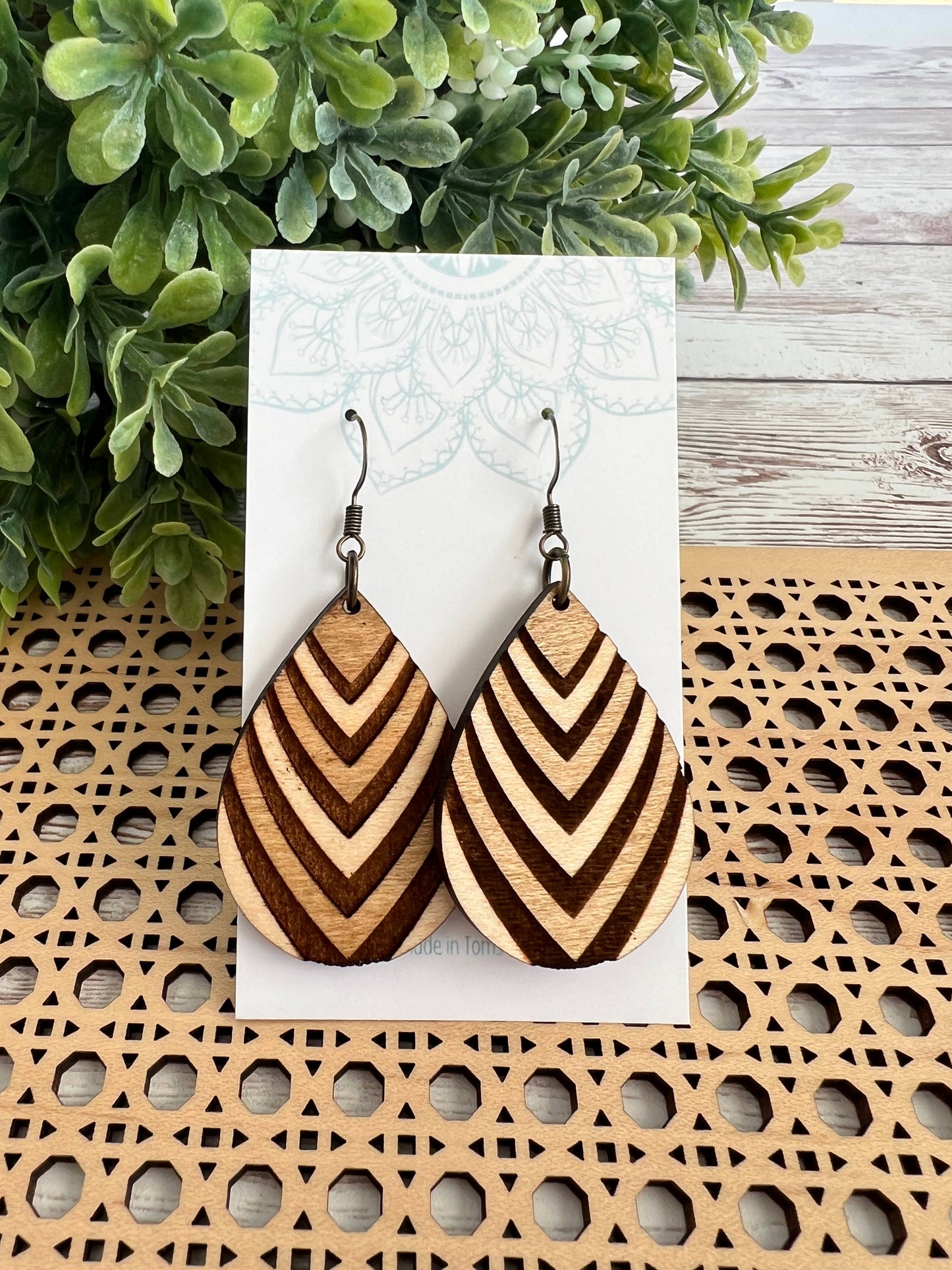 Boho hand painted lightweight flower maple wood earrings 