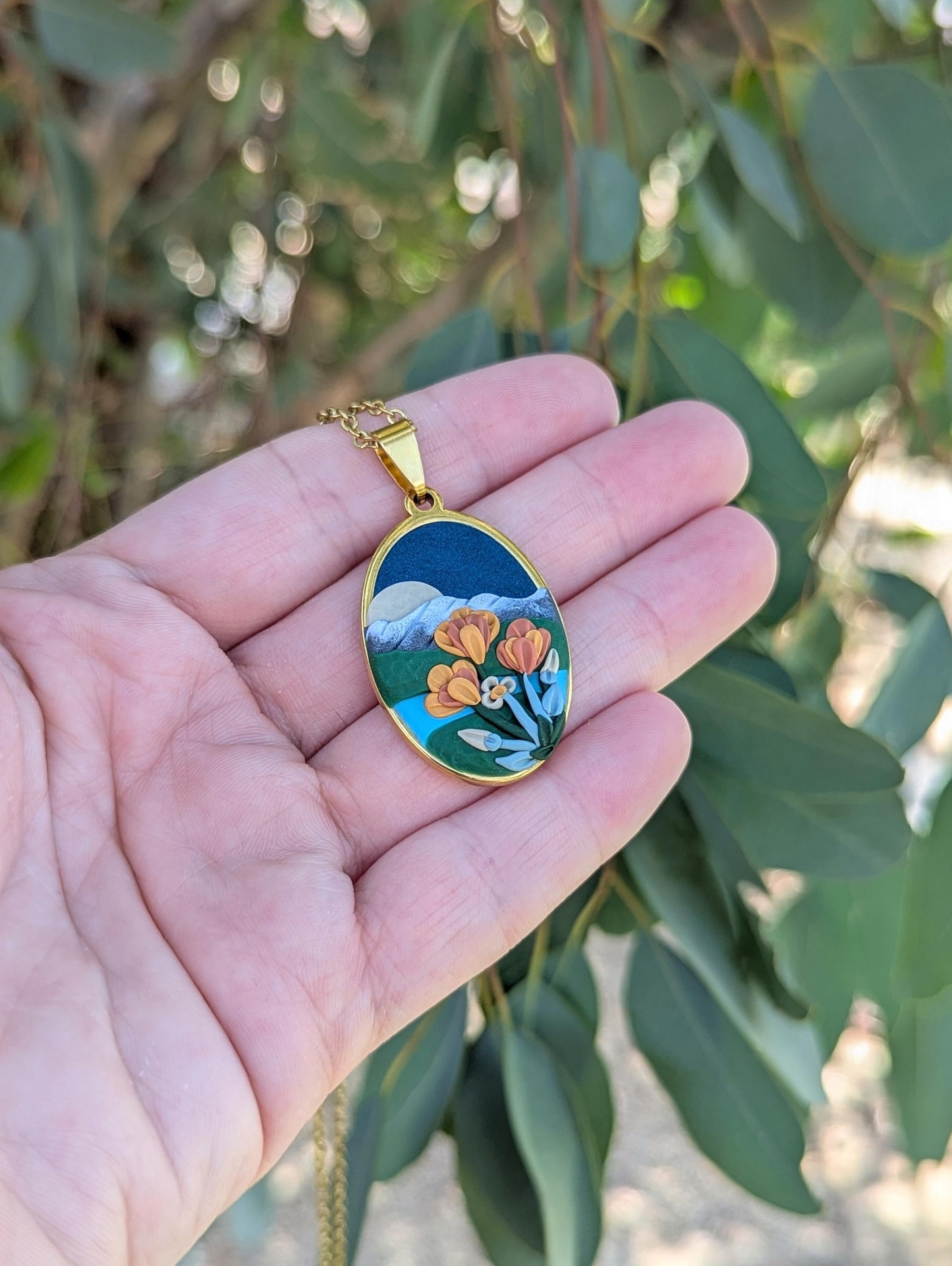 Golden Poppy Mountain Landscape Pendant Necklace