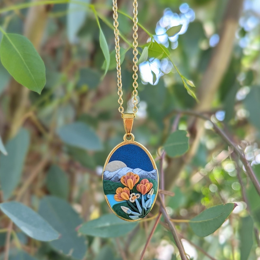 Golden Poppy Mountain Landscape Pendant Necklace
