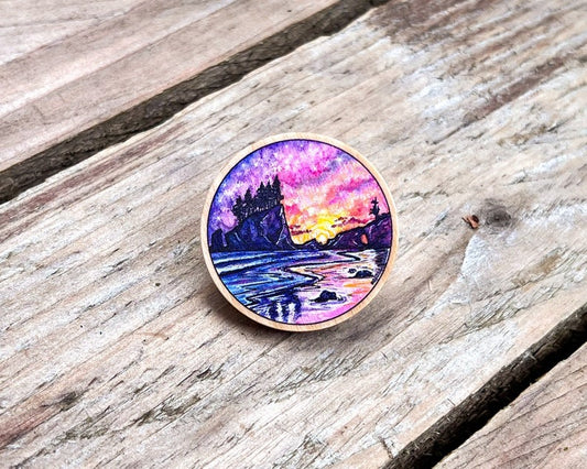 Second Beach Sunset Wood Pin