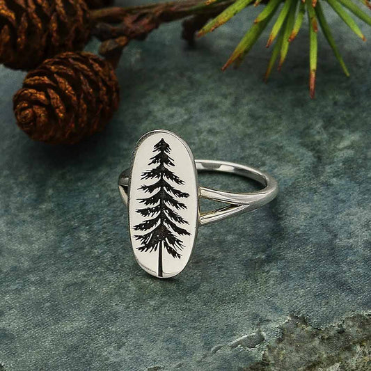 Silver Etched Pine Tree Ring