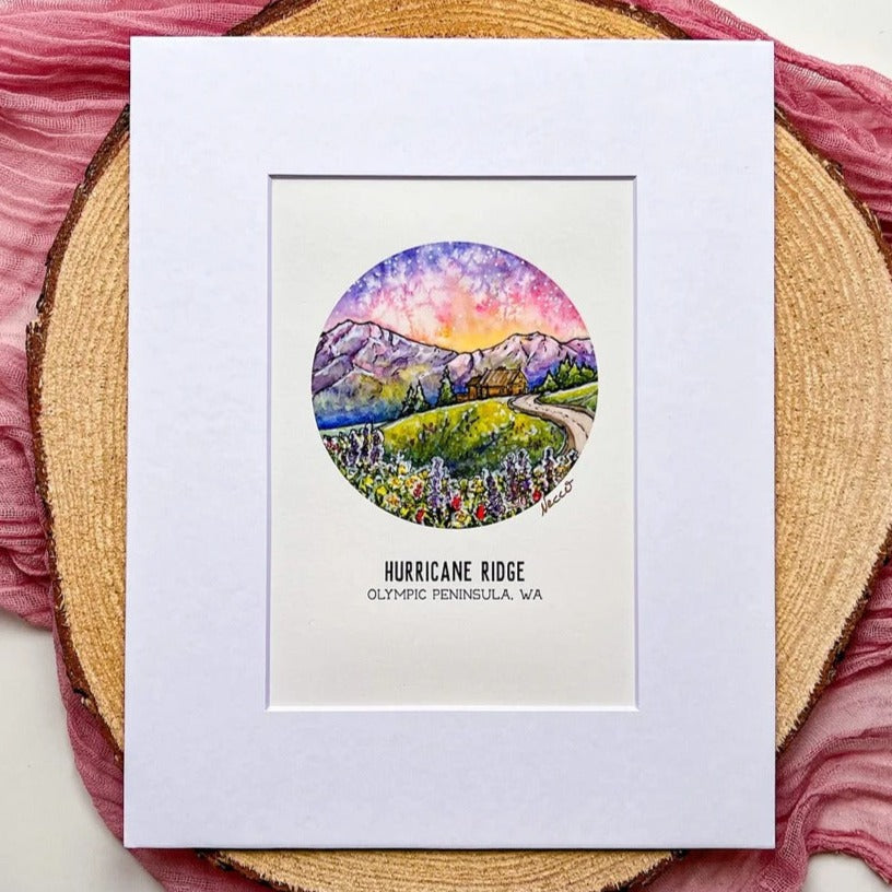 Hurricane Ridge Watercolor Print Matted 5x7 for 8x10 Frame