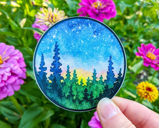 Sunrise Watercolor Painting Forest Sticker (Blue)