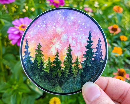 Sunset Watercolor Painting Forest Sticker (Pink)