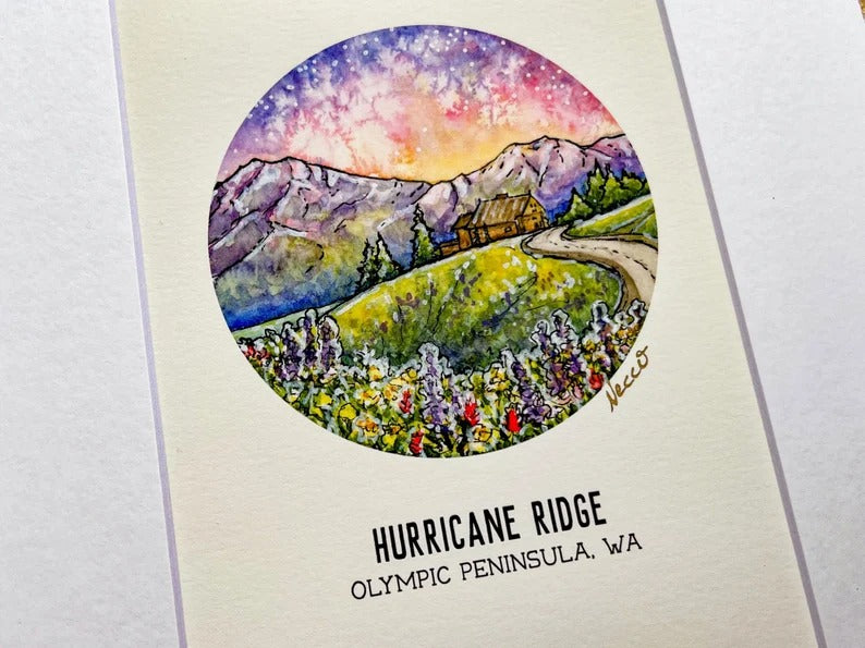 Hurricane Ridge Watercolor Print Matted 5x7 for 8x10 Frame